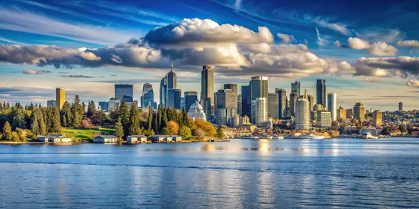 A low angle shot of Bainbridge Island with a stunning skyline of Seattle in the background (1)
