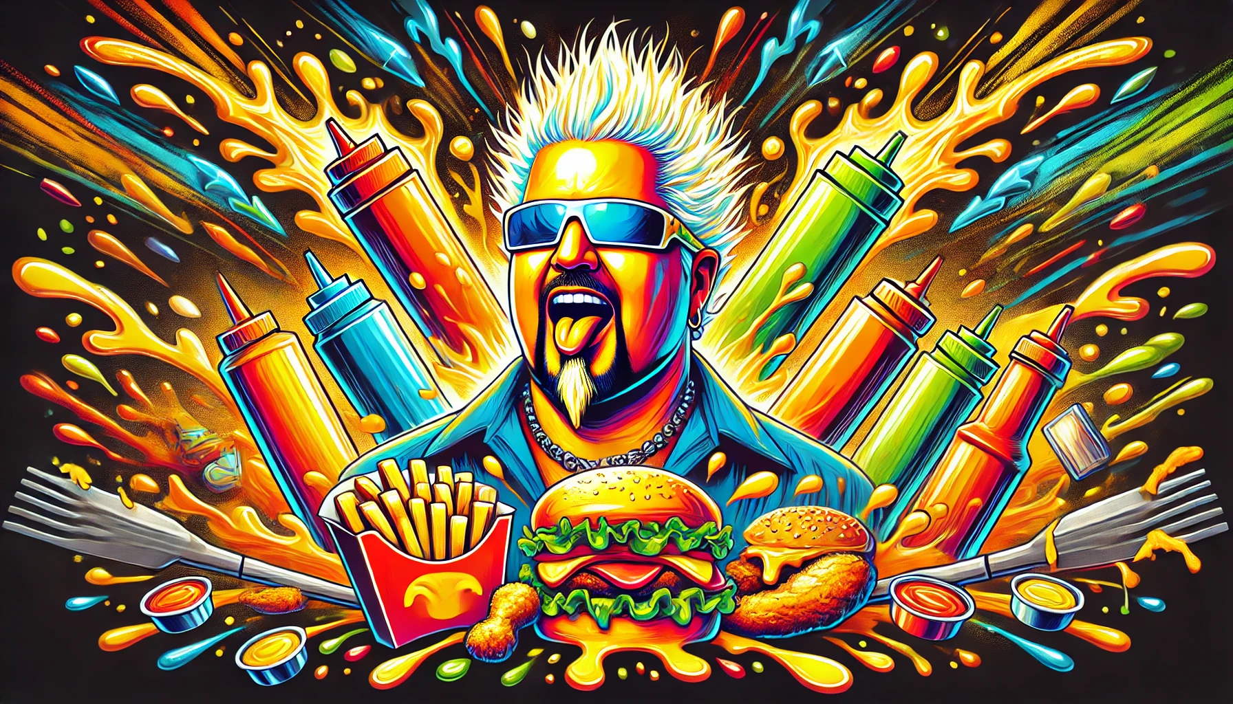 A colorful illustration of a figure resembling Guy Fieri with spiky hair and sunglasses, surrounded by stylized food items like chicken tenders and sauces. The background features bright neon signs, confetti, and vibrant splashes of color, creating an energetic and celebratory vibe.