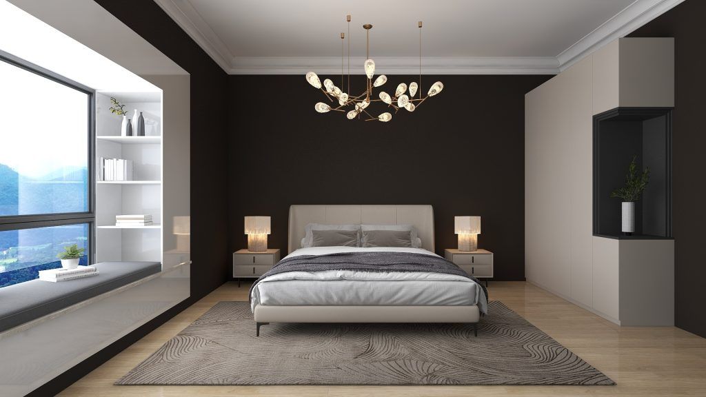 A luxurious bedroom featuring the deep, warm Clove (SW 9605) wall color from the 2025 design palette, complemented by modern lighting, minimalist furniture, and a large window seat with scenic views, showcasing the trend for warmth in color and timeless elegance.