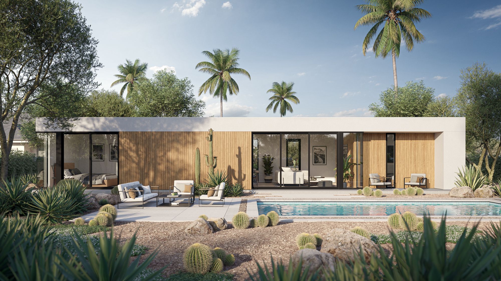 A contemporary single-story home designed for multigenerational living, featuring a seamless indoor-outdoor flow, private casitas, and a lush desert-inspired backyard with a pool, embodying the 2025 trend for multi-generational harmony.