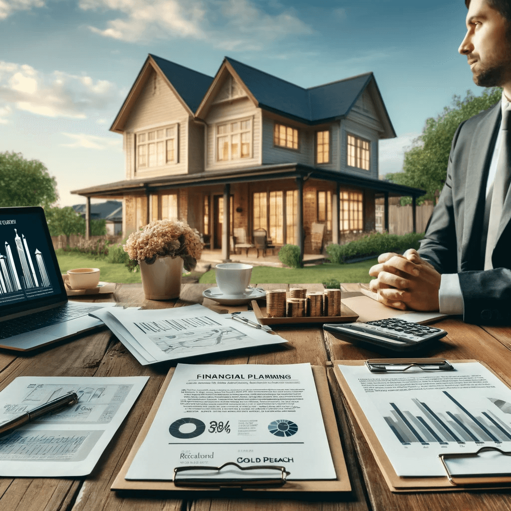 A professional financial planning meeting held outdoors with a beautiful North Georgia home in the background