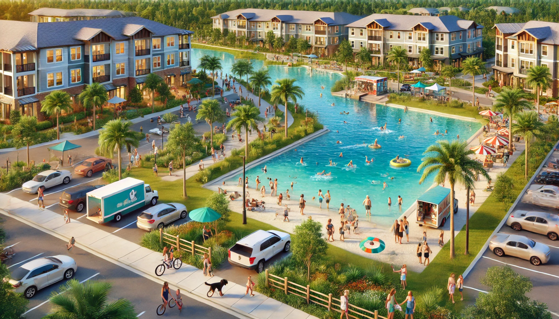 A lively Florida community featuring amenities like walking trails, dog parks, and a Crystal Lagoon with families enjoying water activities and food truck events nearby.