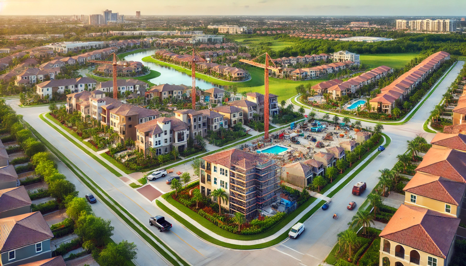 A growing Florida community with cranes and new homes under construction, set against a backdrop of a thriving suburban area with lush greenery and family-friendly spaces.