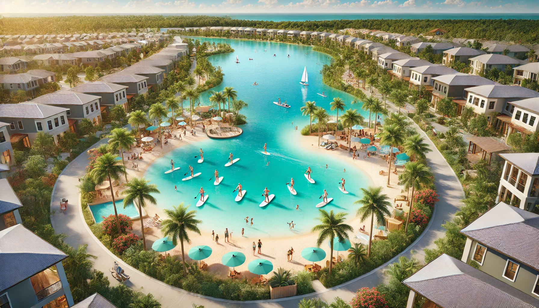 A vibrant tropical community featuring Florida's first Crystal Lagoon, with families paddleboarding and relaxing on sandy beaches. Lush greenery surrounds the lagoon in a modern neighborhood setting.