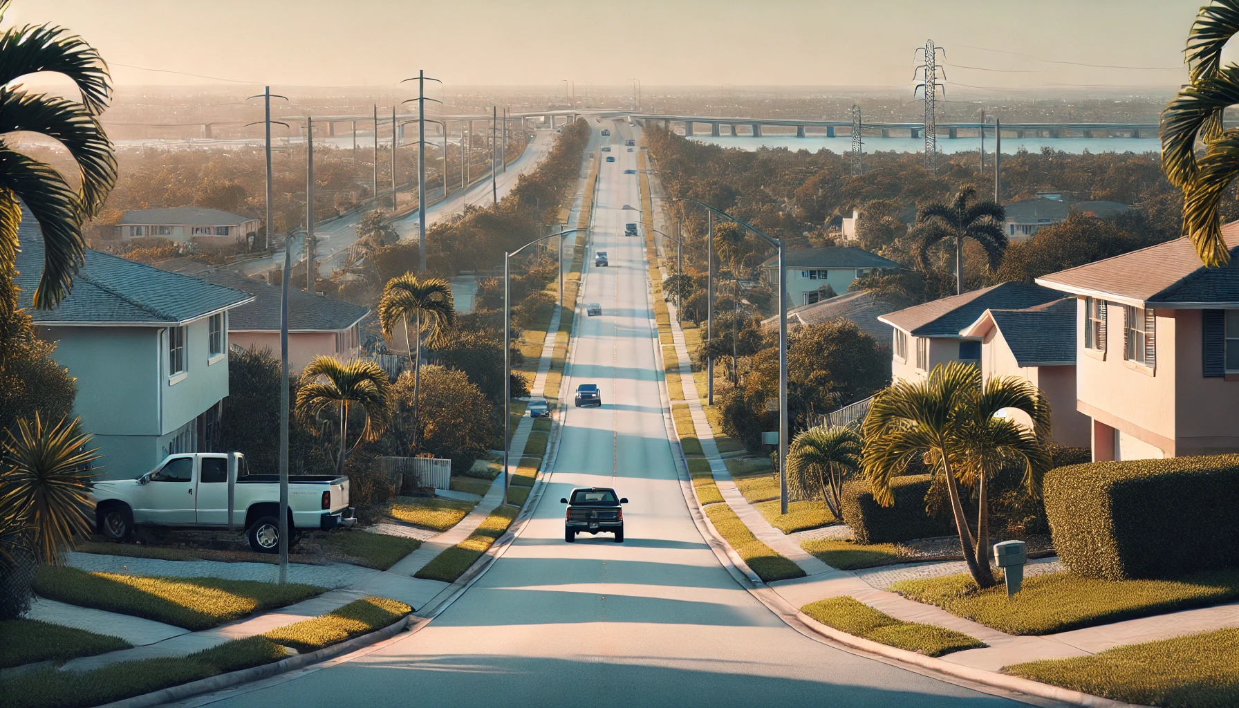 A peaceful Florida residential street with minimal traffic and quiet surroundings, contrasting with a distant view of a busier highway for perspective.