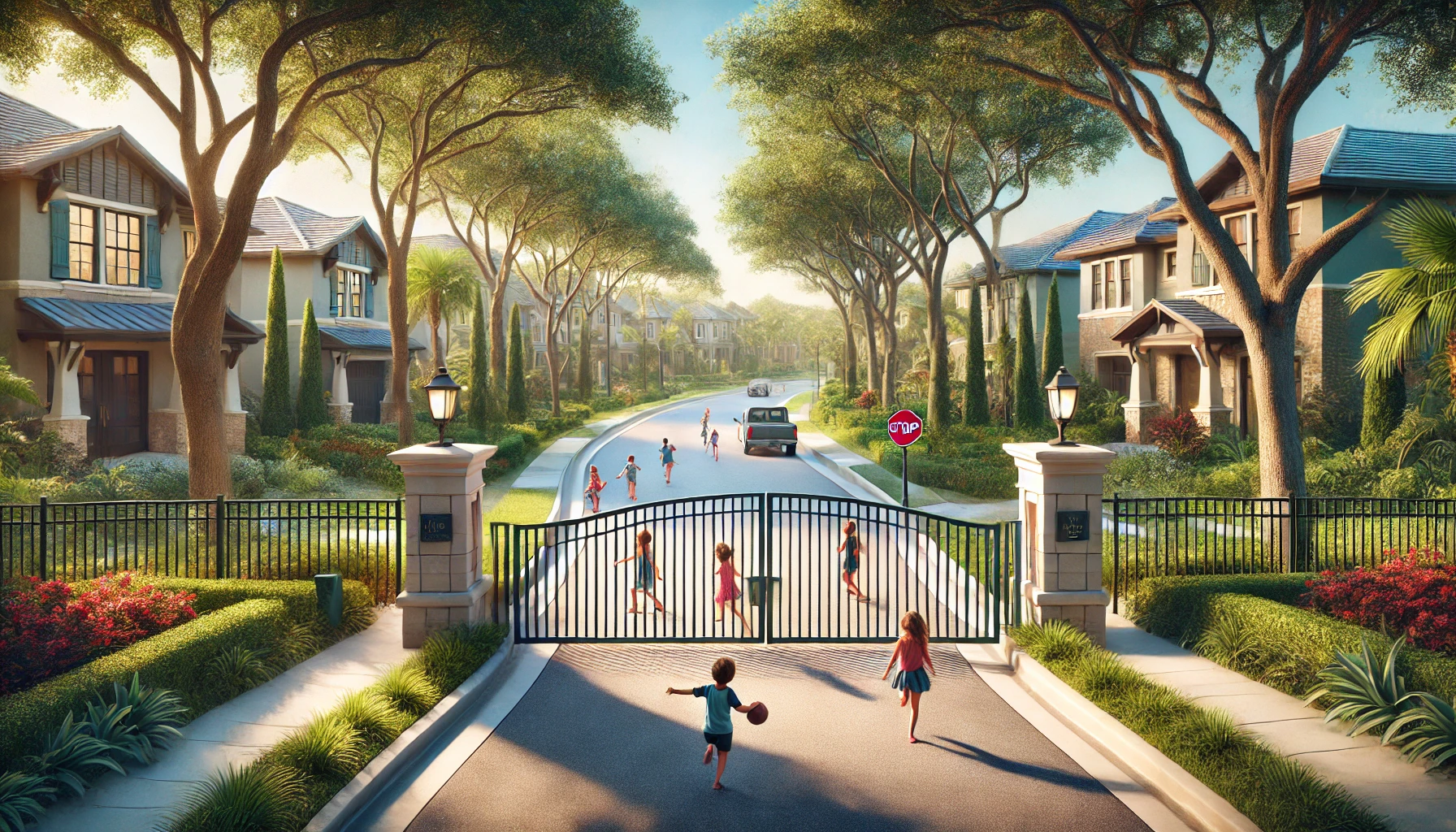 A gated residential community in Florida with a secure entrance and friendly neighborhood patrols, featuring children playing in a safe, tree-lined cul-de-sac.