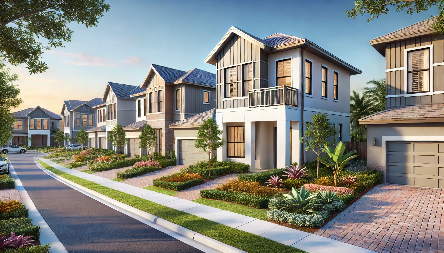 A modern residential community in a sunny Florida setting, showcasing stylish single-family homes built by top builders like DR Horton and Lennar. The houses have open-concept designs and well-maintained landscaping.