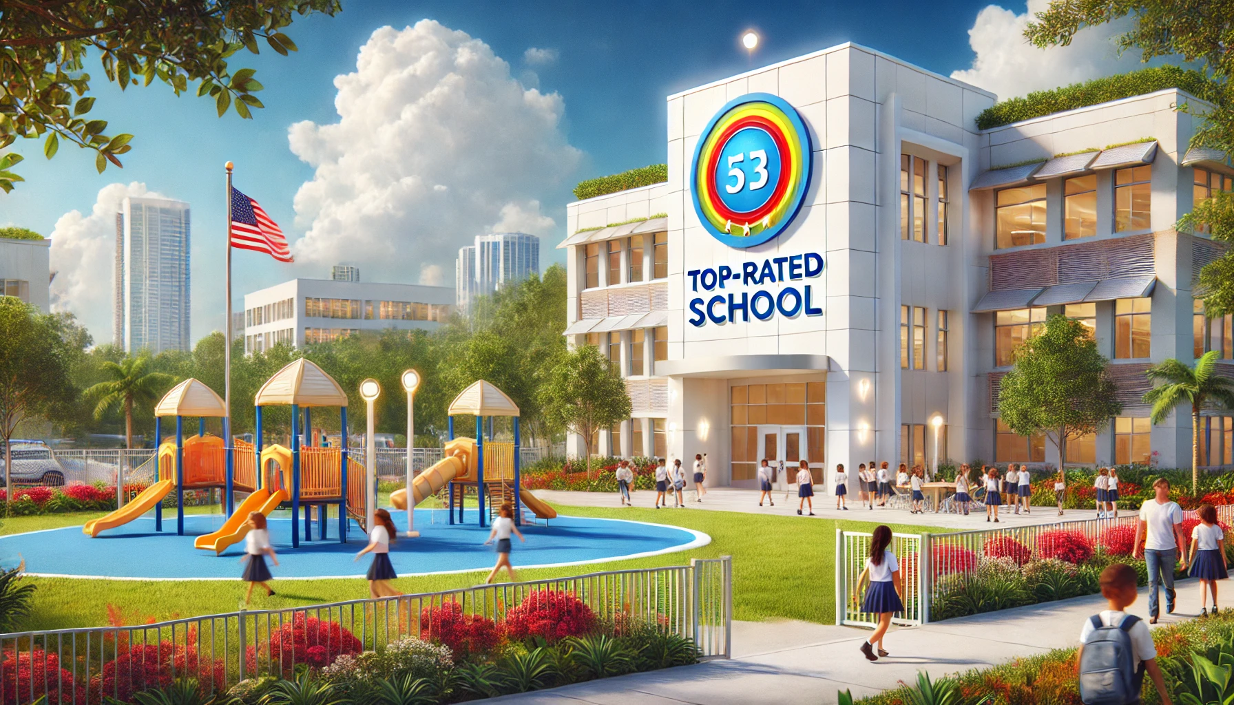 A bright Florida school with modern architecture, a colorful playground filled with children, and a welcoming sign reading 'Top-Rated School.' The setting emphasizes community and educational excellence.