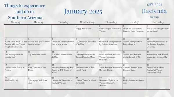 January 2025's calendar of experiences.