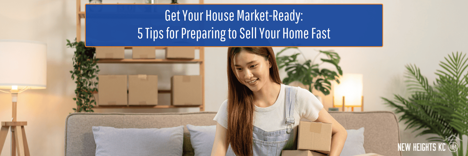 Woman in a living room, holding boxes, surrounded by items for preparing a house to sell.