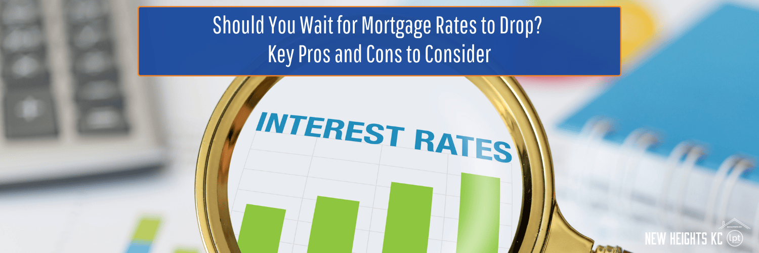 Magnifying glass focusing on a bar graph of interest rates, with text overlay asking about waiting for mortgage rates to drop.