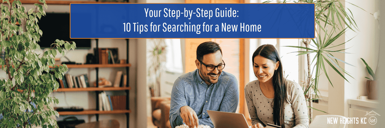 Smiling couple looking at a laptop, discussing home search tips.