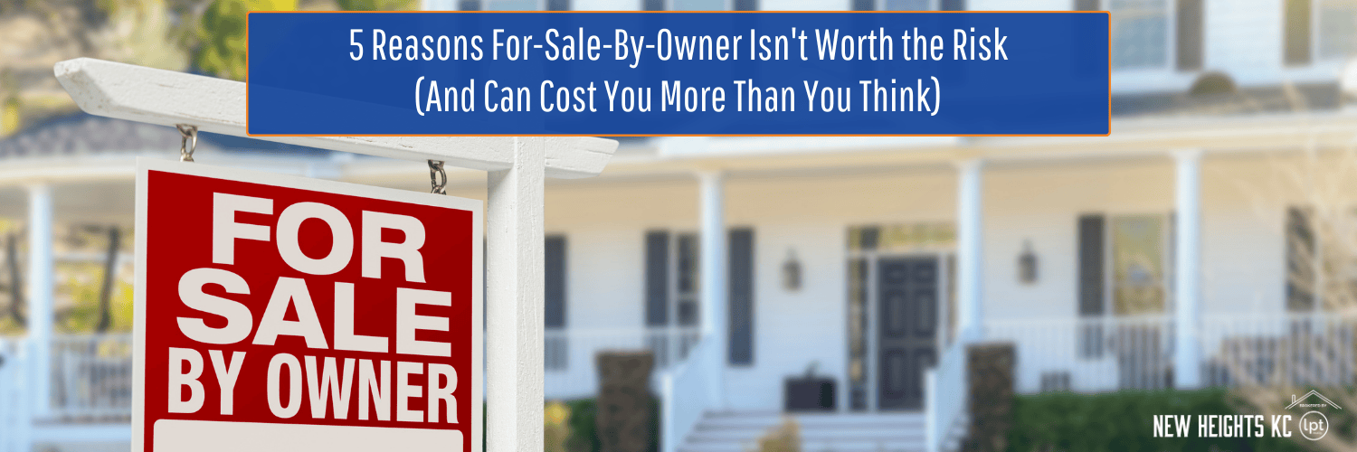 Red "For Sale by Owner" sign in front of a light-colored house with a porch.