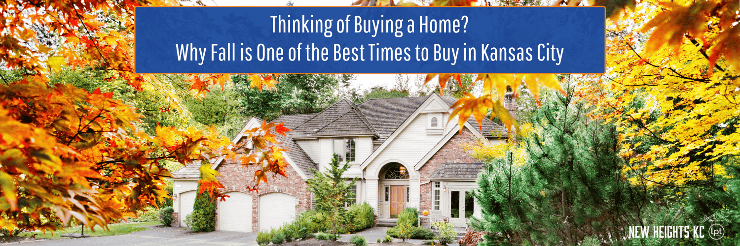 Autumn-colored foliage surrounds a two-story house with a brick facade, white siding, and double garage, featuring an informational graphic about buying a home in Kansas City.