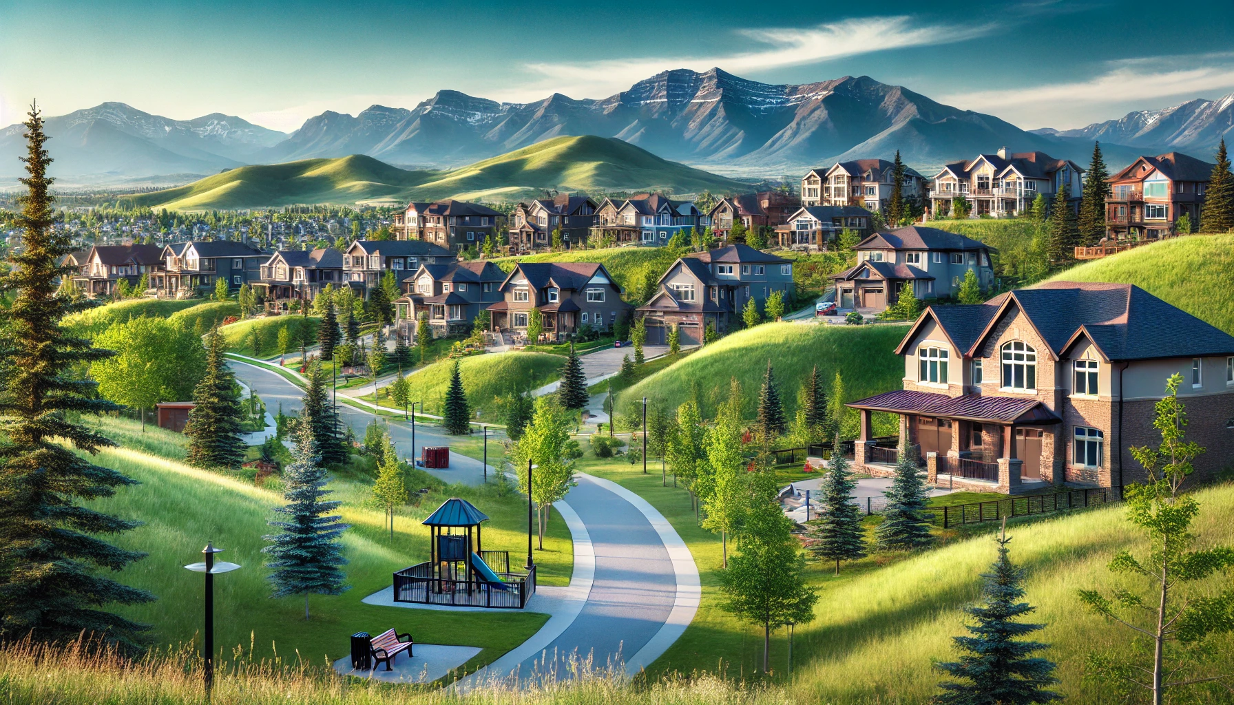 A scenic view of Springbank Hill, a neighborhood in Calgary, Canada. The image features rolling green hills with luxury homes nestled among them. The Rocky Mountains rise in the background under a bright blue sky. A well-maintained walking trail winds through a park with trees, benches, and a playground, showcasing the peaceful and upscale ambiance of the neighborhood.