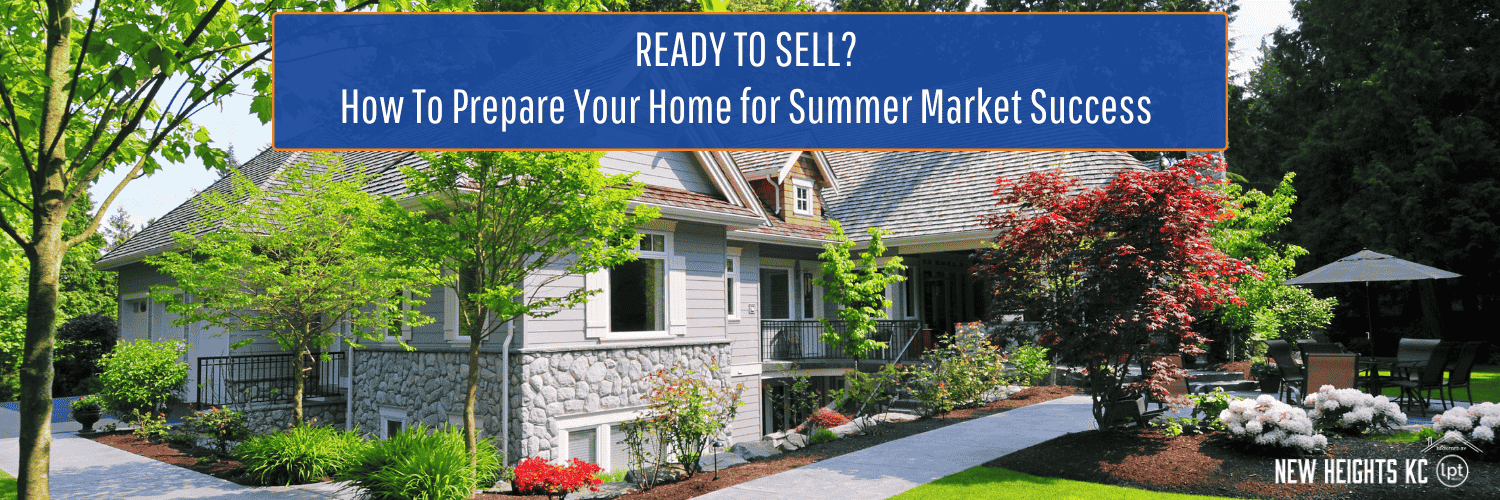Gray-sided house with landscaping, a patio, and a headline about preparing a home for sale in the summer.