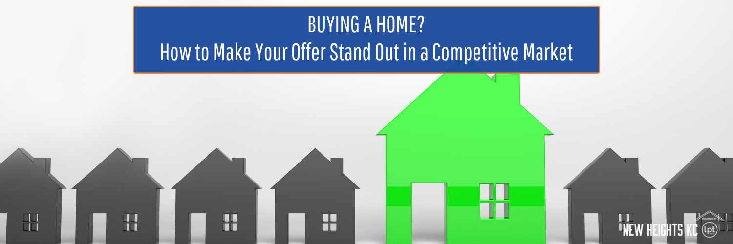 Row of gray house silhouettes with a highlighted, vibrant green house above, illustrating a guide on making a competitive home offer.
