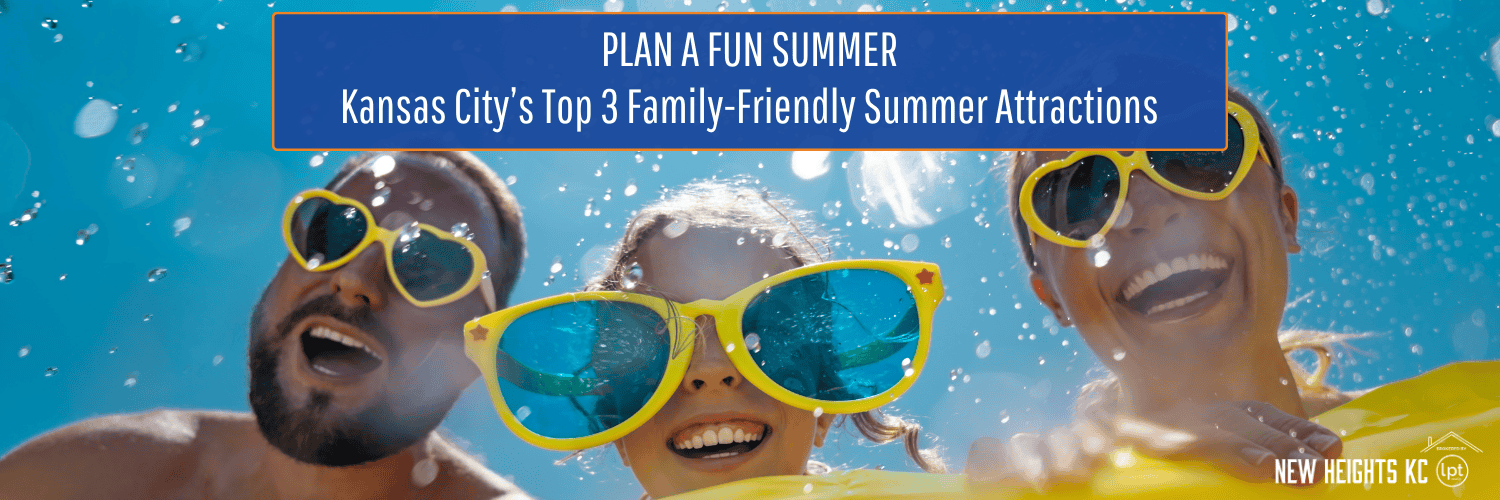 Happy family in yellow sunglasses, splashing in water, featuring Kansas City's top 3 family-friendly summer attractions.