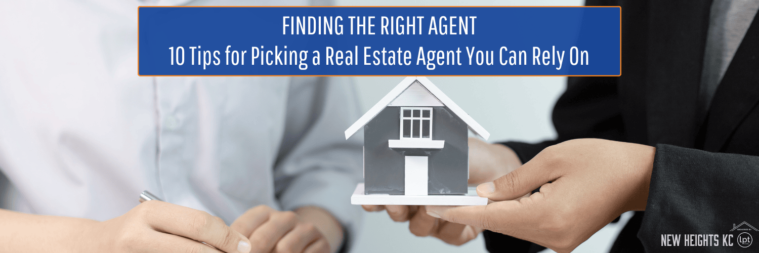 Hands holding a miniature gray house, with text overlay about finding a real estate agent.