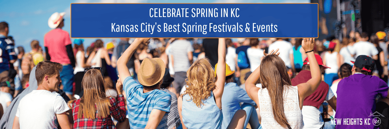 Large crowd at a spring festival in Kansas City, with a banner promoting events.