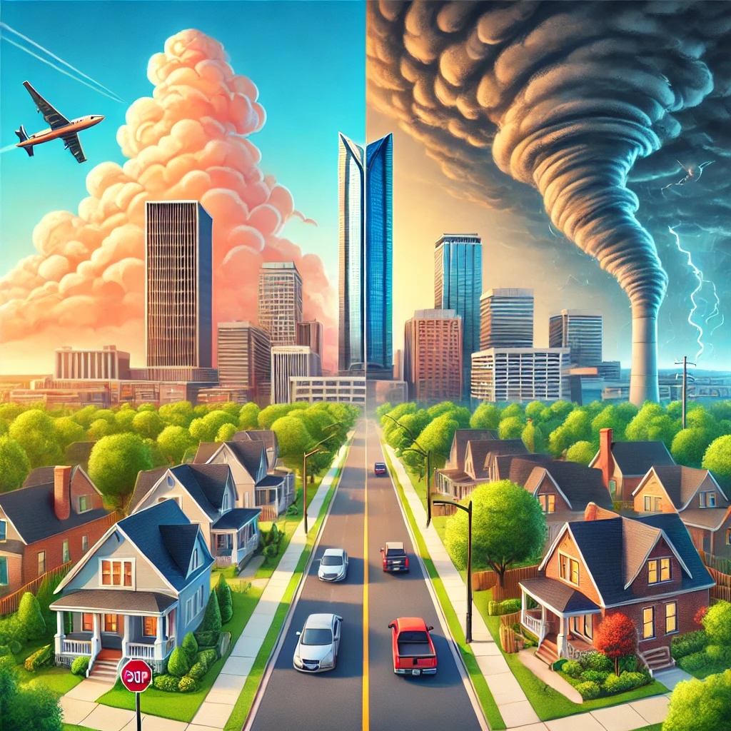 A visually engaging split-view image showcasing the pros and cons of living in Oklahoma City. On one side, a vibrant downtown skyline featuring Devon Tower, modern developments, and a welcoming suburban neighborhood with tree-lined streets. On the other side, storm clouds in the distance representing tornado-prone weather, highway traffic, and active construction zones. The image provides a balanced perspective on life in OKC, highlighting both opportunities and challenges.