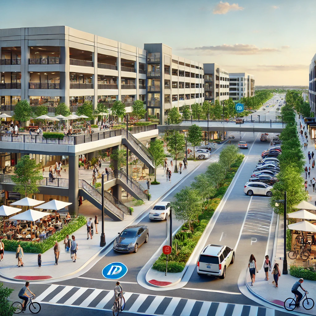 A modern cityscape in Wesley Chapel, Florida, with wide pedestrian-friendly streets, a five-story parking garage, and dedicated bike lanes. People are