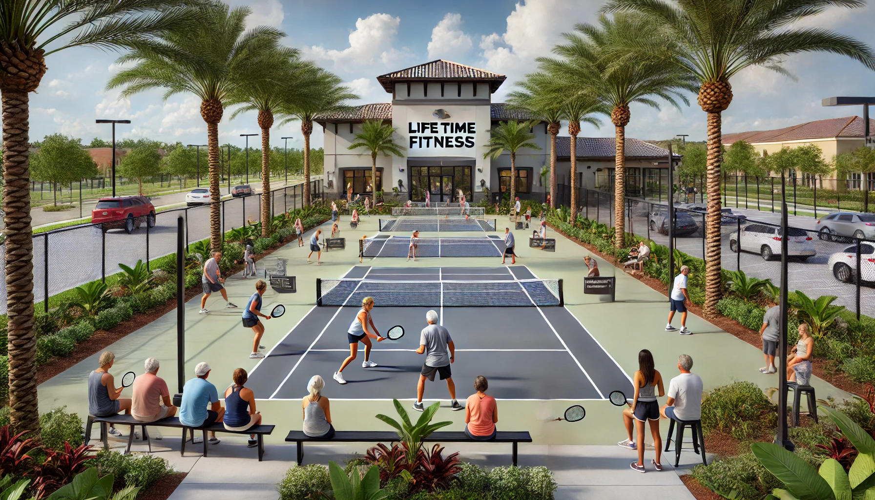 DALL·E 2025-02-18 23.04.18 - A modern pickleball court in Wesley Chapel, Florida, surrounded by palm trees and well-maintained landscaping. The court is occupied by players engage