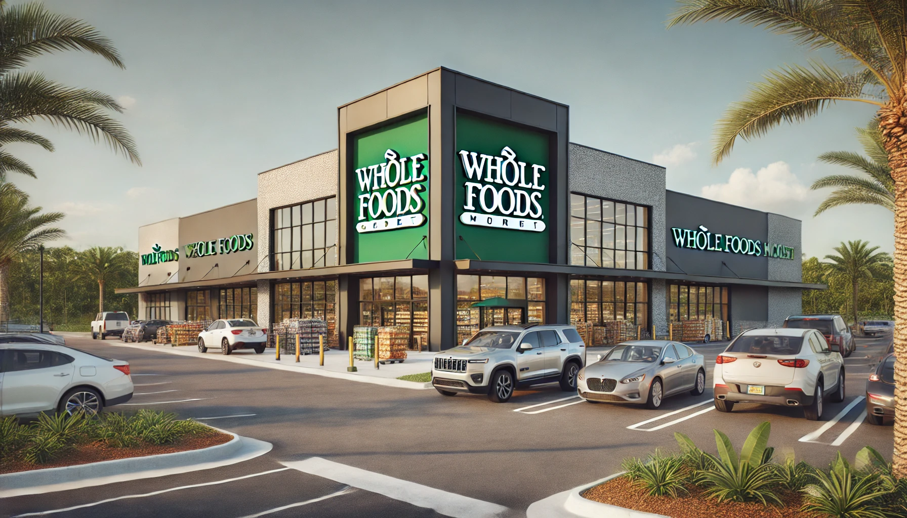 DALL·E 2025-02-18 23.02.31 - A modern Whole Foods Market in Wesley Chapel, Florida, featuring a sleek storefront with large windows, a bright green Whole Foods sign, and a parking