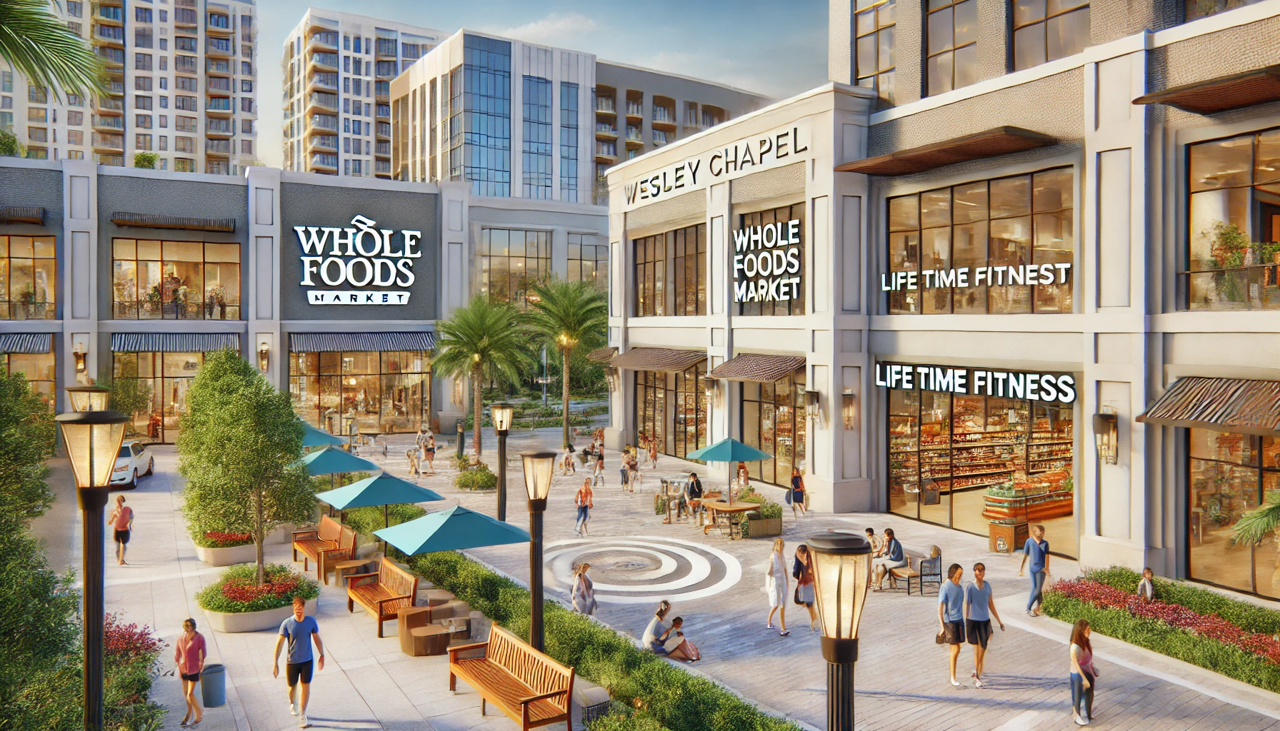 A vibrant outdoor shopping plaza in Wesley Chapel, Florida, featuring Whole Foods Market and Life Time Fitness, with modern architecture, clean storefronts, and a welcoming atmosphere.