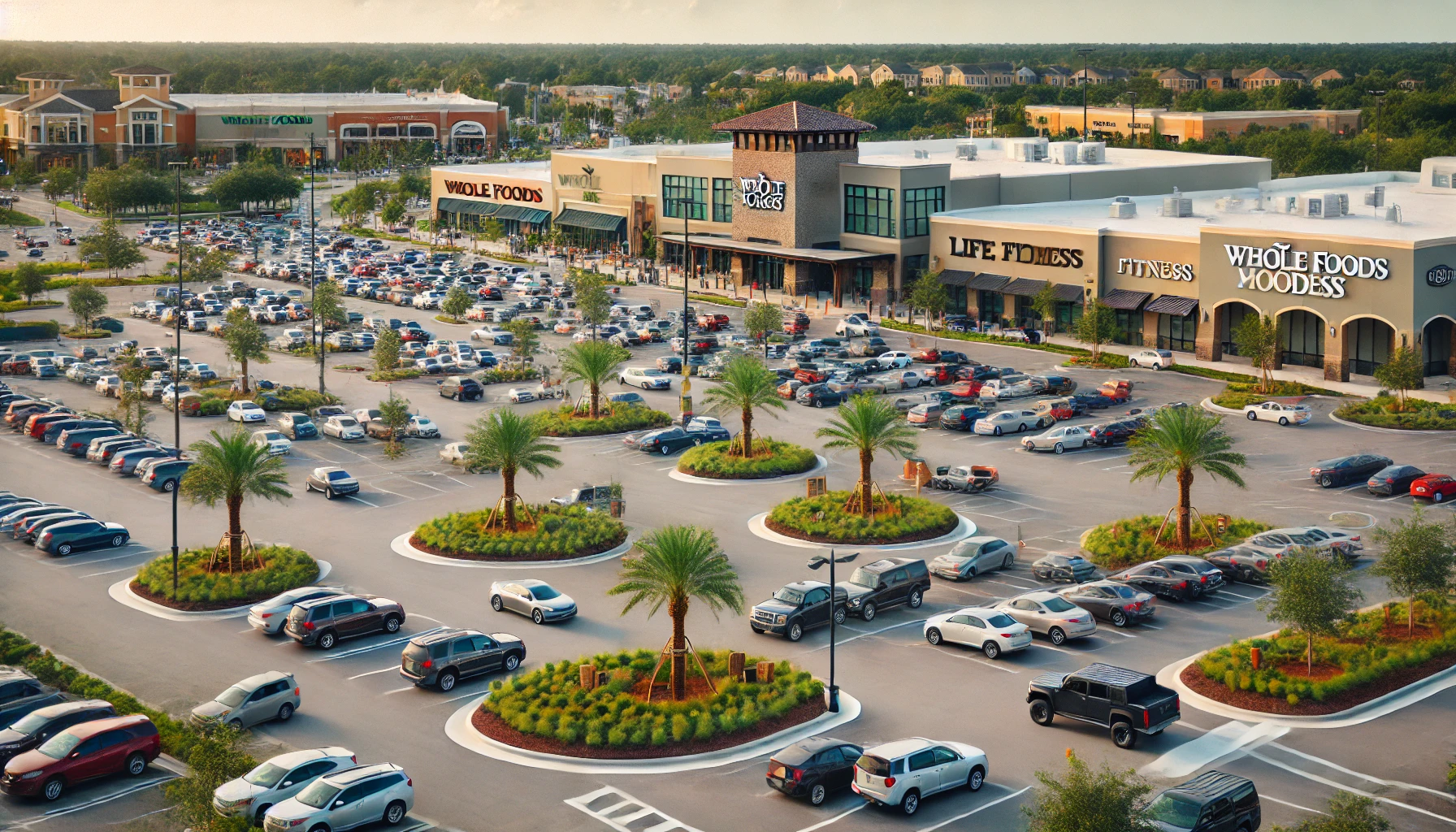 DALL·E 2025-02-18 23.06.30 - A large parking lot in Wesley Chapel, Florida, filled with cars parked near a Whole Foods Market and a Life Time Fitness. The lot is well-organized wi