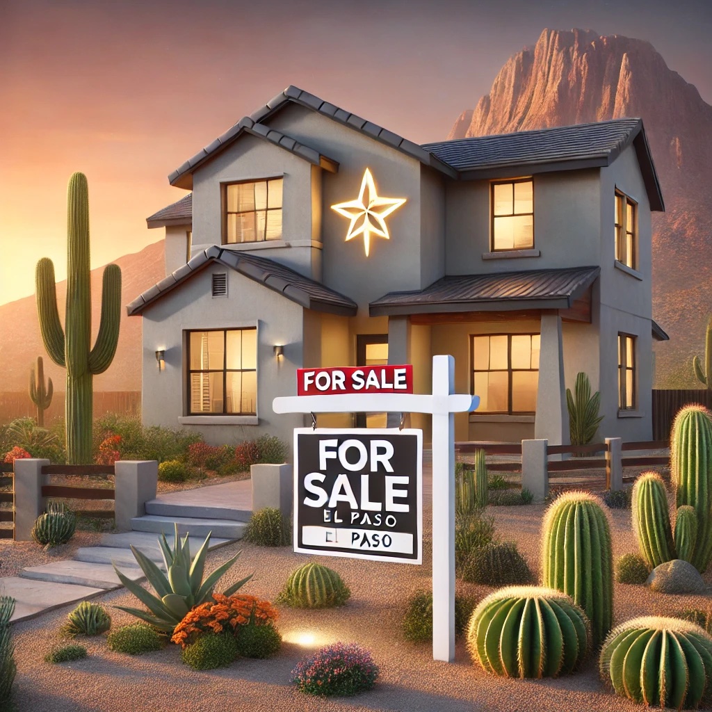 Modern home for sale in El Paso with a 'For Sale' sign, desert landscape, and a mountain backdrop with a glowing star—featured in a guide to selling your home in El Paso for top value.