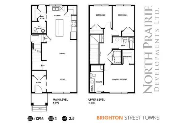 The Easton Floor Plan – 1,396 sq. ft. 3-bedroom, 2.5-bath townhome in Brighton, Saskatoon, with an open-concept layout, oversized kitchen island, built-in makeup counter in ensuite, upper-floor laundry, and optional basement development