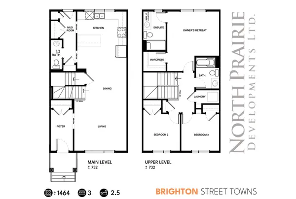 The Weston Floor Plan – 1,464 sq. ft. 3-bedroom, 2.5-bath townhome in Brighton, Saskatoon, featuring an open-concept main floor, spacious kitchen island, walk-in closet, ensuite, and optional basement development.