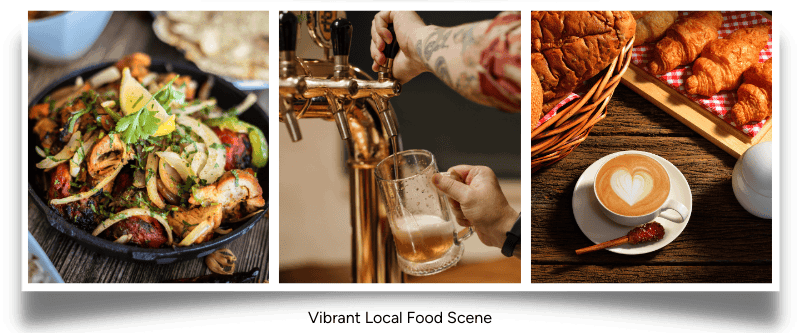 Vibrant image of a local food scene featuring Indian chicken tikka masala, draft beer, pastries, and a latte, showcasing diverse culinary options.