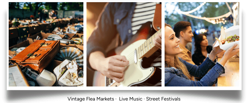 Flea market, live music performance, and street festival food stalls, showcasing a vibrant community atmosphere.