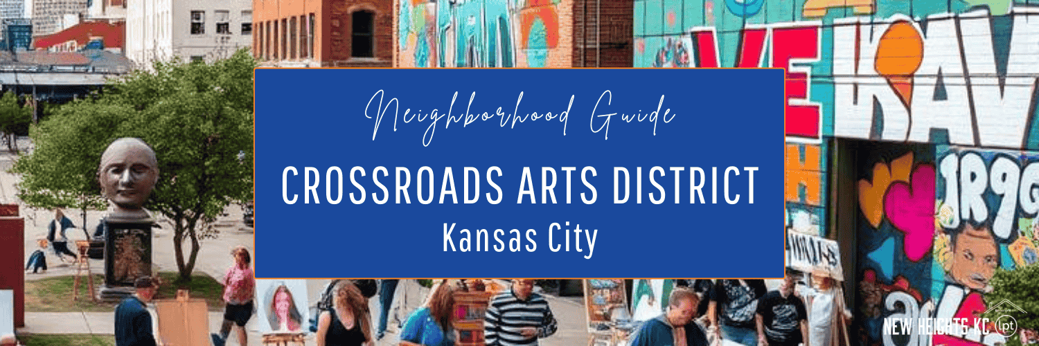 Crossroads Art District in Kansas City, featuring colorful murals and street art, with people and art supplies.