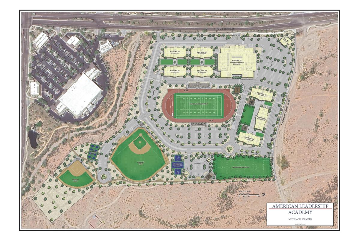 Site plan rendering of the upcoming American Leadership Academy (ALA) Vistancia campus, set to open in Fall 2025 in Peoria, Arizona. This state-of-the-art K-12 charter school features multiple academic buildings, a football stadium with a track, a baseball field, soccer fields, and tennis courts, designed to provide top-tier education and athletic facilities. Strategically located near El Mirage Road and the growing Vistancia community, the new ALA campus will offer students a comprehensive academic experience focused on leadership, character development, and extracurricular excellence.