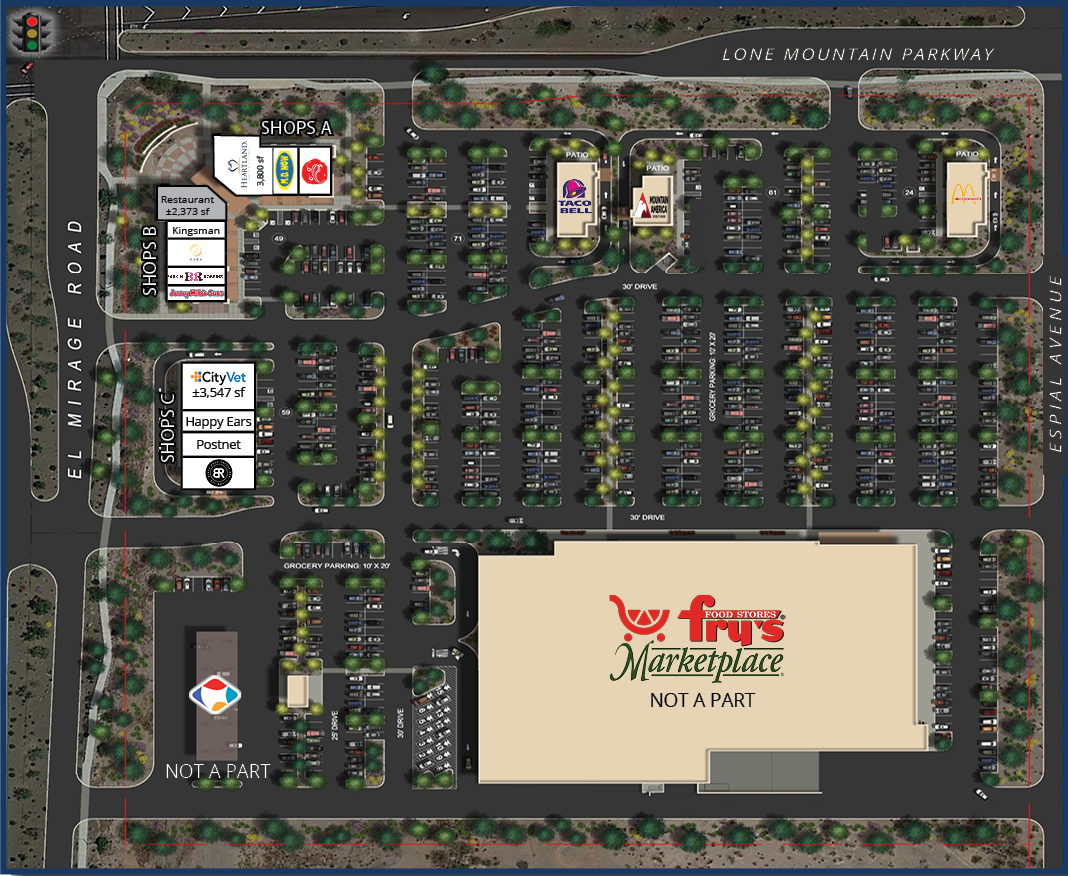 Site plan rendering of the upcoming Vistancia Point Shopping Center in Peoria, Arizona, featuring a Fry’s Marketplace grocery store, retail shops, dining options, and essential services. Located at the intersection of El Mirage Road and Lone Mountain Parkway, the shopping center includes popular brands such as Taco Bell, McDonald's, CityVet, and PostNet, along with restaurants and retail spaces. Designed to serve the growing Vistancia community, this commercial hub will provide convenient access to shopping, dining, and professional services in one of Peoria’s fastest-growing areas.