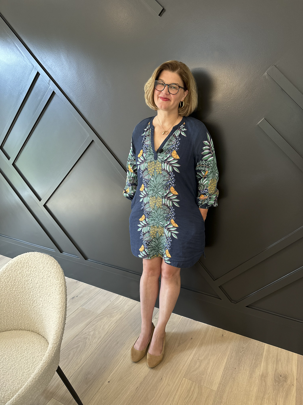 Blue Floral Dress black wall-Edit