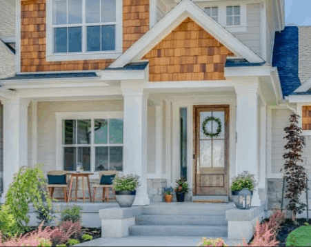 landscaping around home, trees, shrubs, flowers, potted, plants, plant pots, privacy