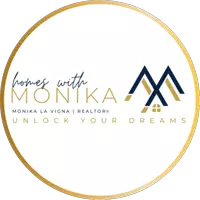 Homes with Monika logo featuring elegant navy and gold design with the tagline ‘Unlock Your Dreams.