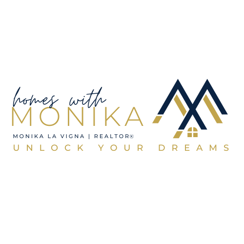 Homes with Monika logo featuring elegant navy and gold design with the tagline ‘Unlock Your Dreams.’