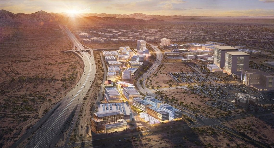 Futuristic aerial rendering of the Mayo Clinic Innovation Corridor in Phoenix, Arizona, showcasing the expansion of the Mayo Clinic with state-of-the-art medical research facilities, high-tech office spaces, and advanced healthcare infrastructure. This multi-billion-dollar development is set to position Phoenix as a leading hub for biotechnology, life sciences, and healthcare innovation, supporting medical advancements, job creation, and economic growth in the region.