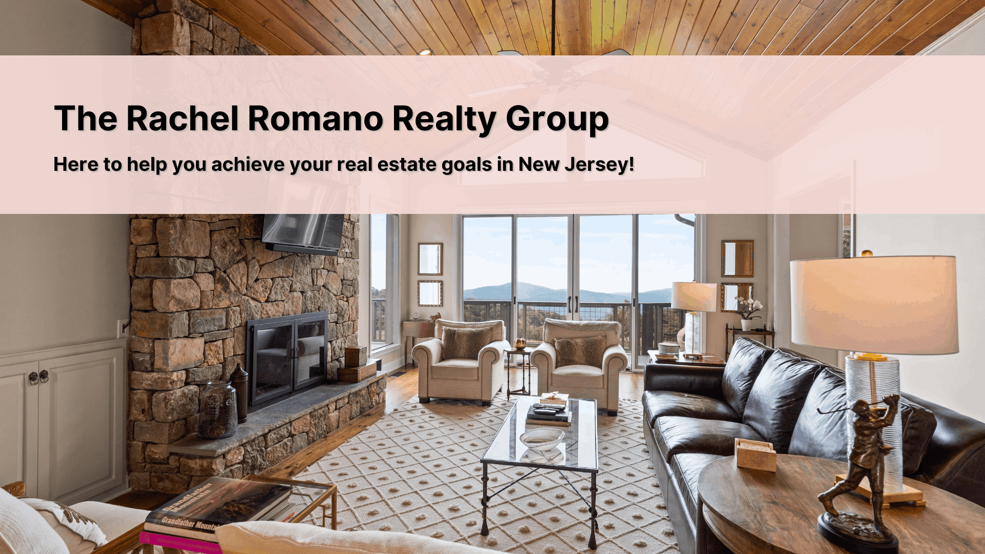 Luxury living room with mountain views, representing The Rachel Romano Realty Group's real estate services in New Jersey.