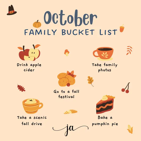 🍂 October Family Bucket List! 🍂
Fall is the perfect time to create lasting memories with your family. Whether you're sipping apple cider, taking a scenic drive or baking a pumpkin pie, this season is full of simple joys!

What’s on your fall bucket list? Share your favorite fall tradition in the comments below! 🍁👇

#FallBucketList #FamilyTime #FallFun#PumpkinSeason #CozyVibes #JanetArnsRealtor